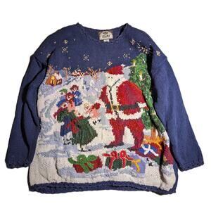Vtg 1990s Tiara International Blue Red Santa Knit Winter Christmas Sweater XL